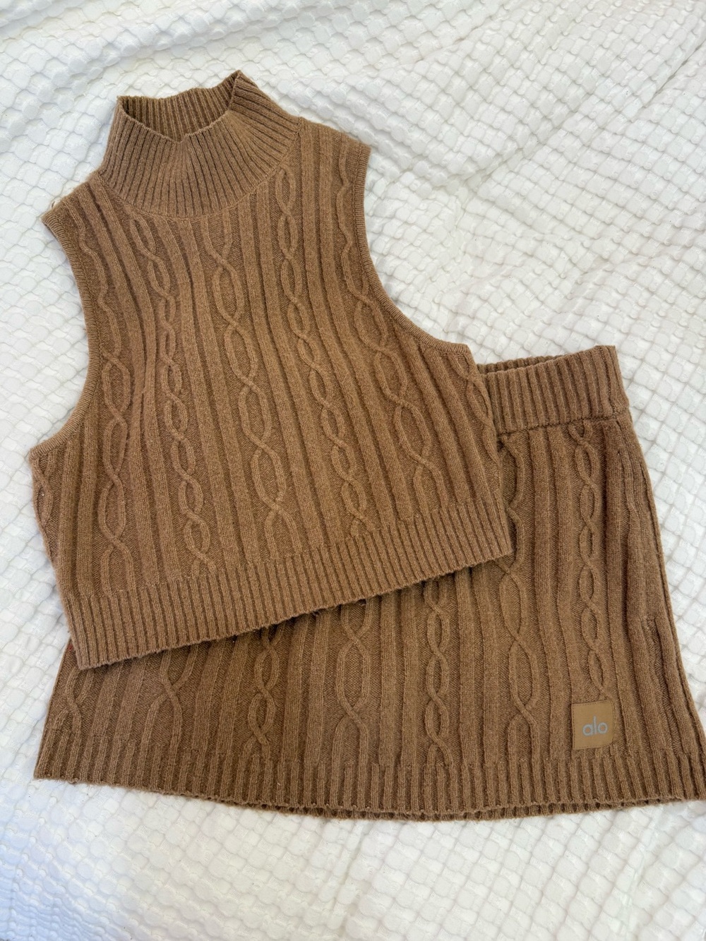 Alo Yoga Camel Cable Knit Sleeveless Crop Top & Mini Skirt Set